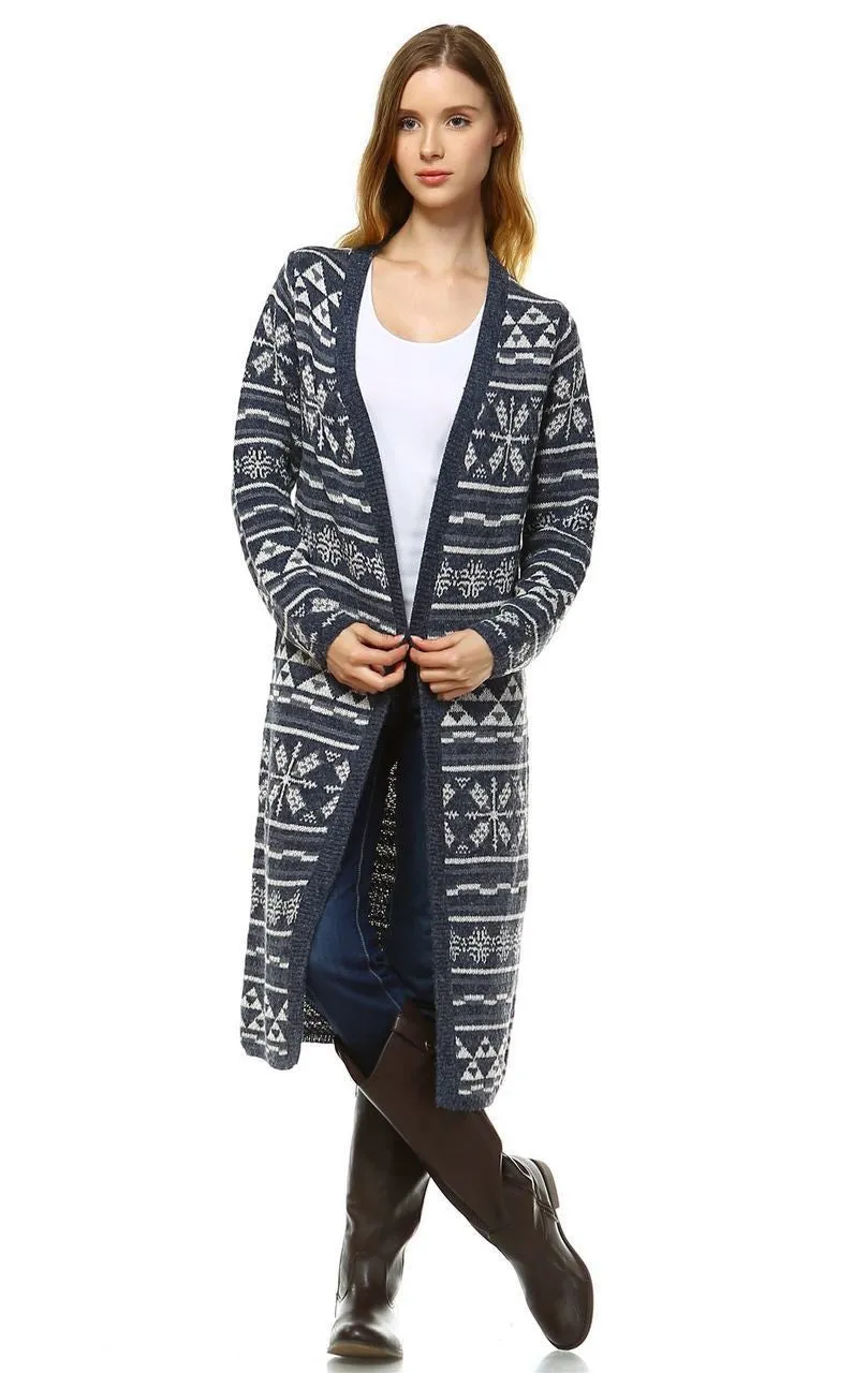 Long Aztec Cardigan Tribal Sweater Holiday Isle Pattern Navy Gray