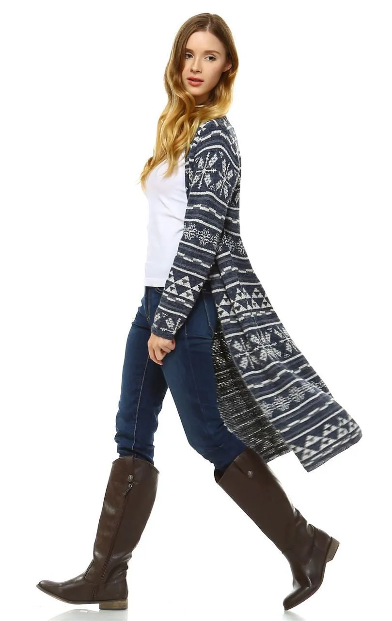 Long Aztec Cardigan Tribal Sweater Holiday Isle Pattern Navy Gray