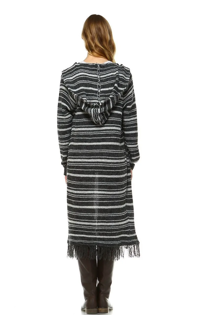 Long Cardigan Sweater Striped Hoodie Hood Charcoal Gray