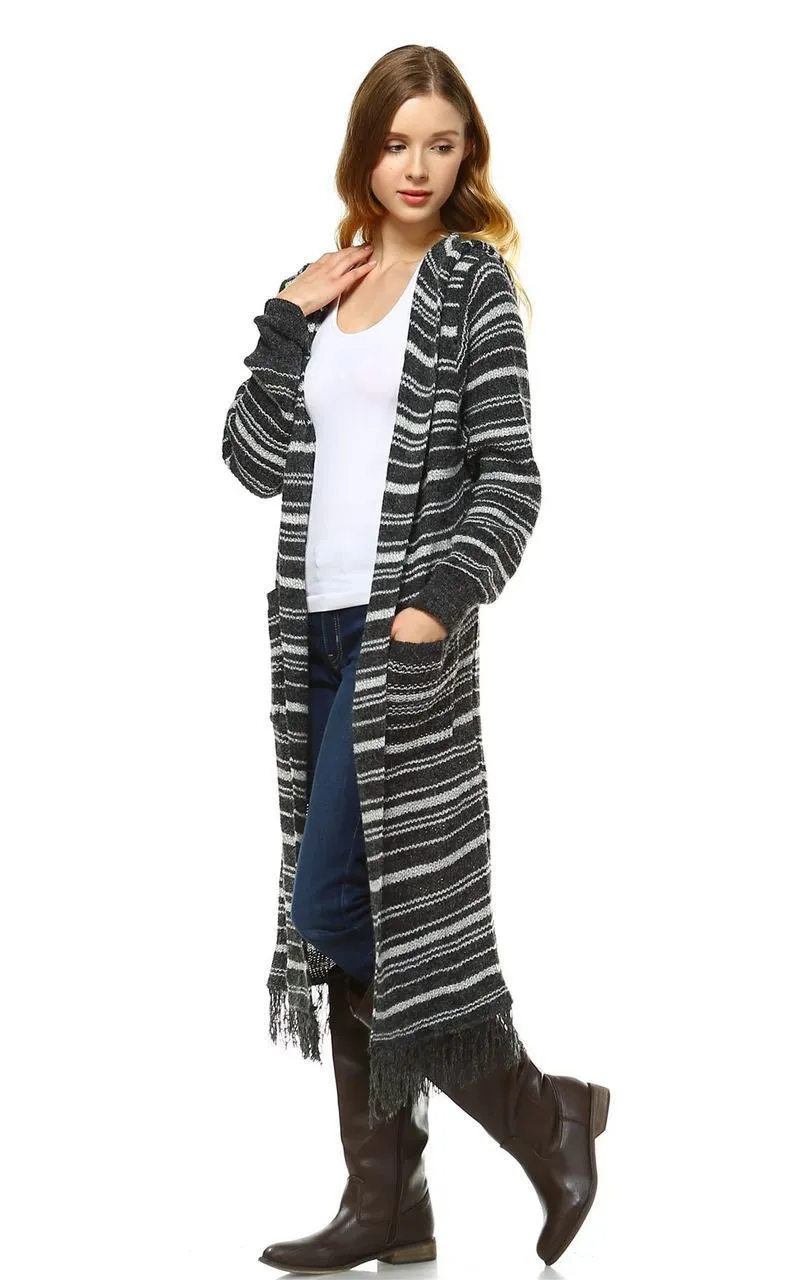 Long Cardigan Sweater Striped Hoodie Hood Charcoal Gray