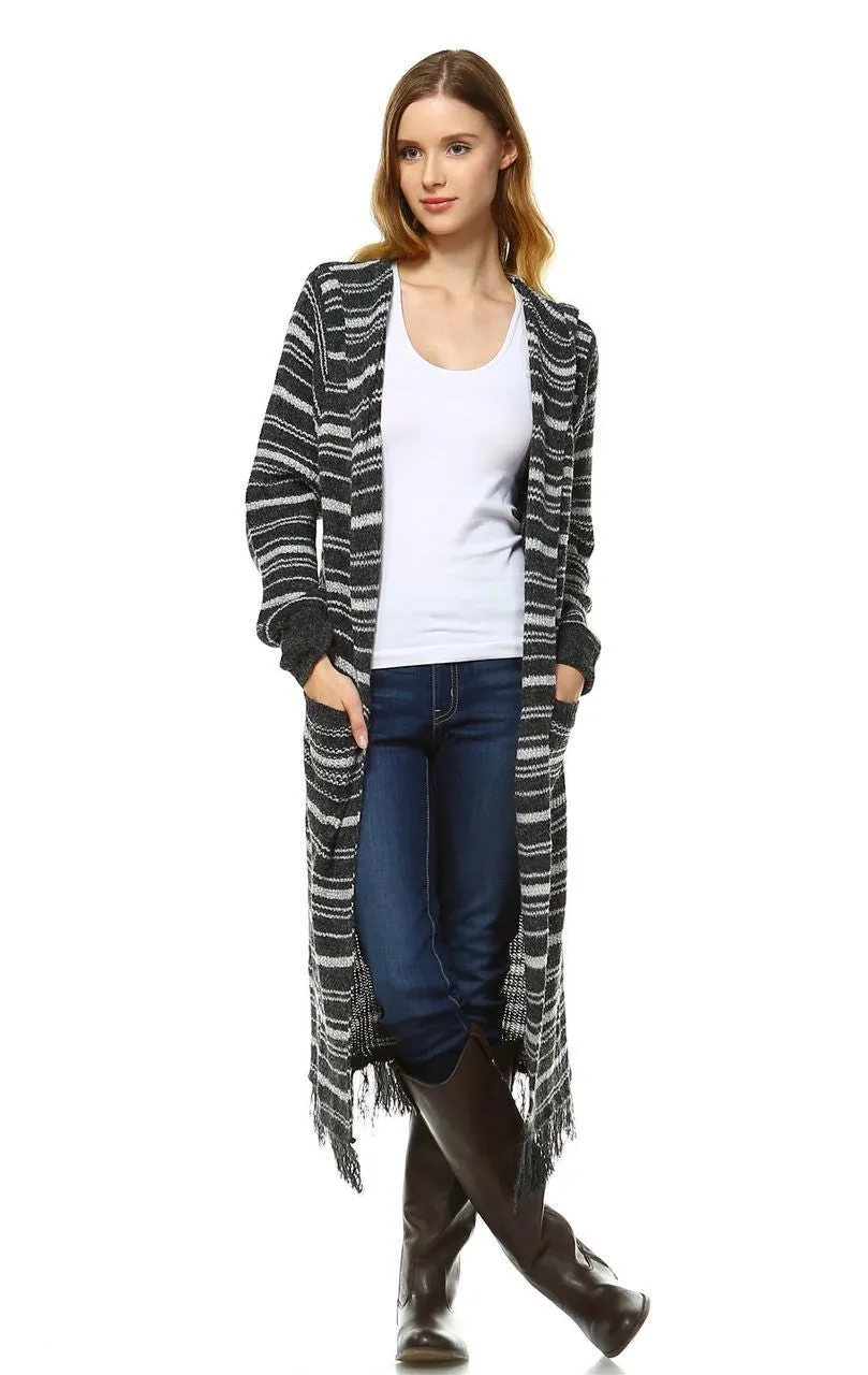 Long Cardigan Sweater Striped Hoodie Hood Charcoal Gray
