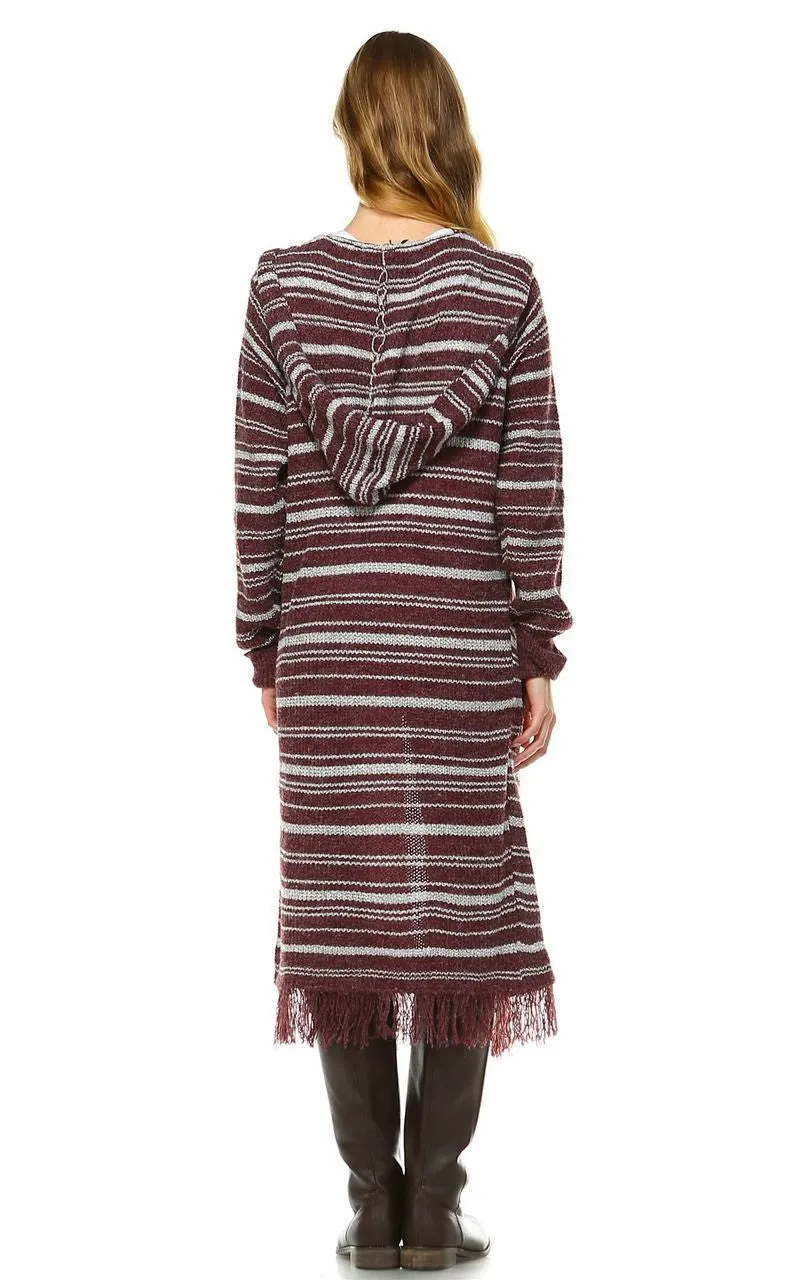 Long Cardigan Sweater Striped with Hoodie Hood Burgundy