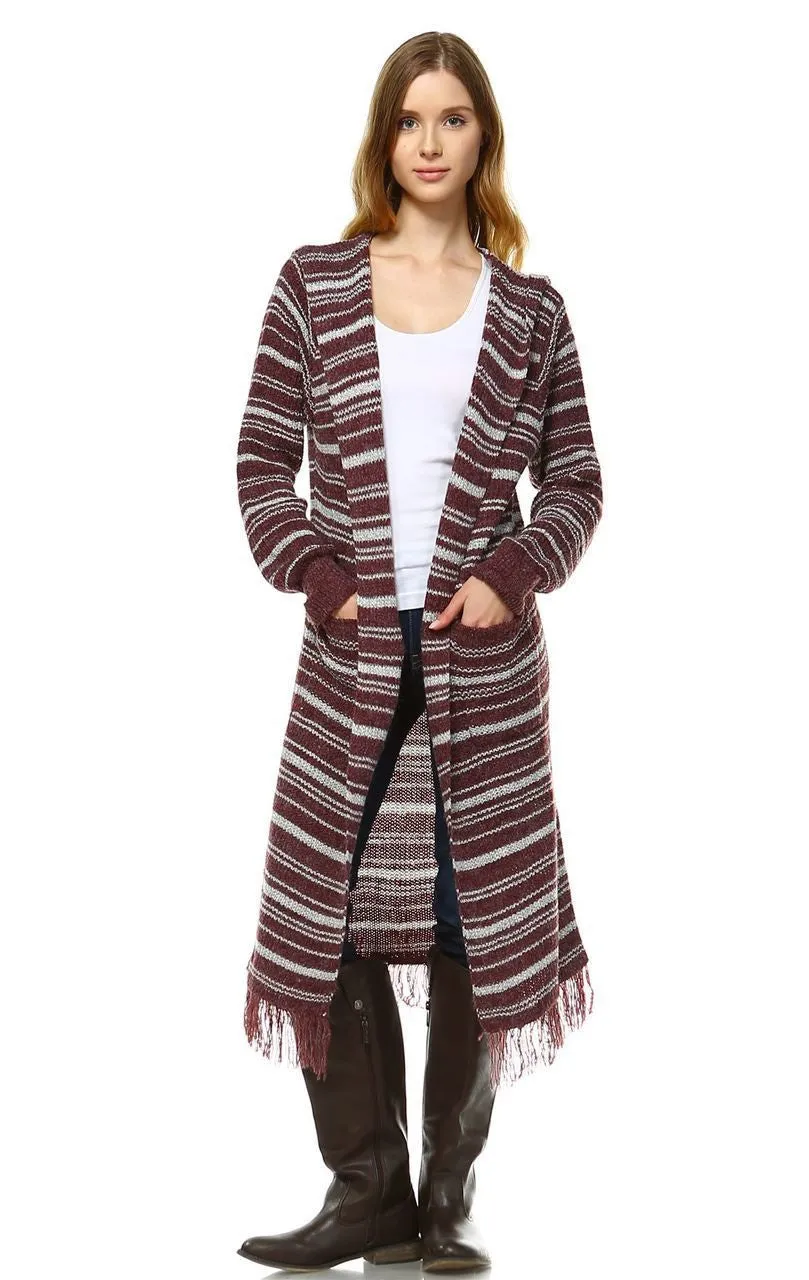 Long Cardigan Sweater Striped with Hoodie Hood Burgundy