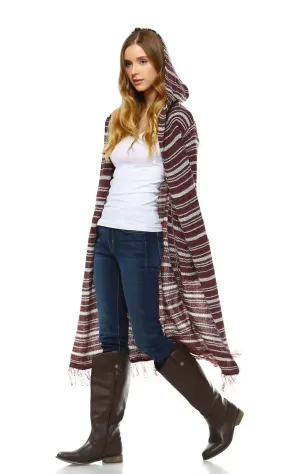 Long Cardigan Sweater Striped with Hoodie Hood Burgundy