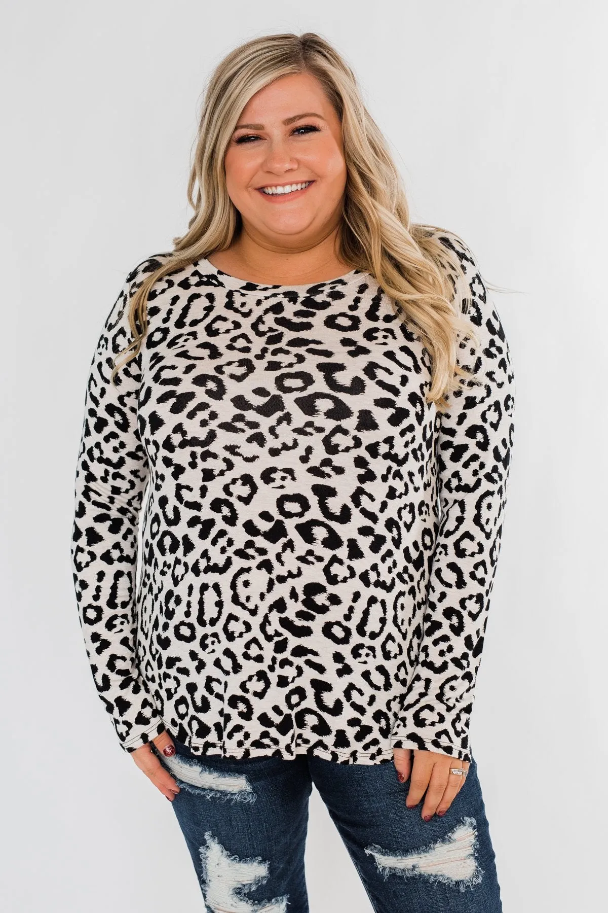 Long Sleeve Cutout Back Top- Cream & Leopard