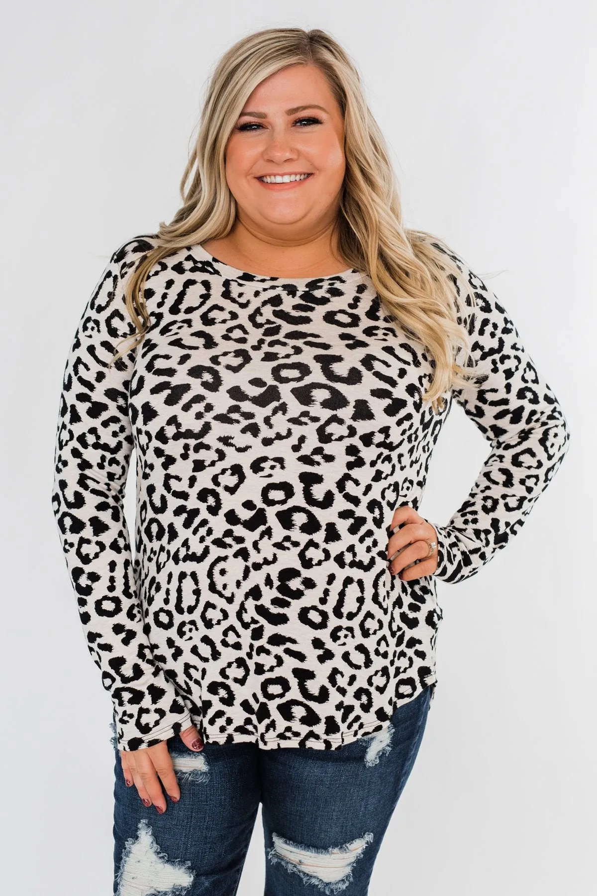 Long Sleeve Cutout Back Top- Cream & Leopard