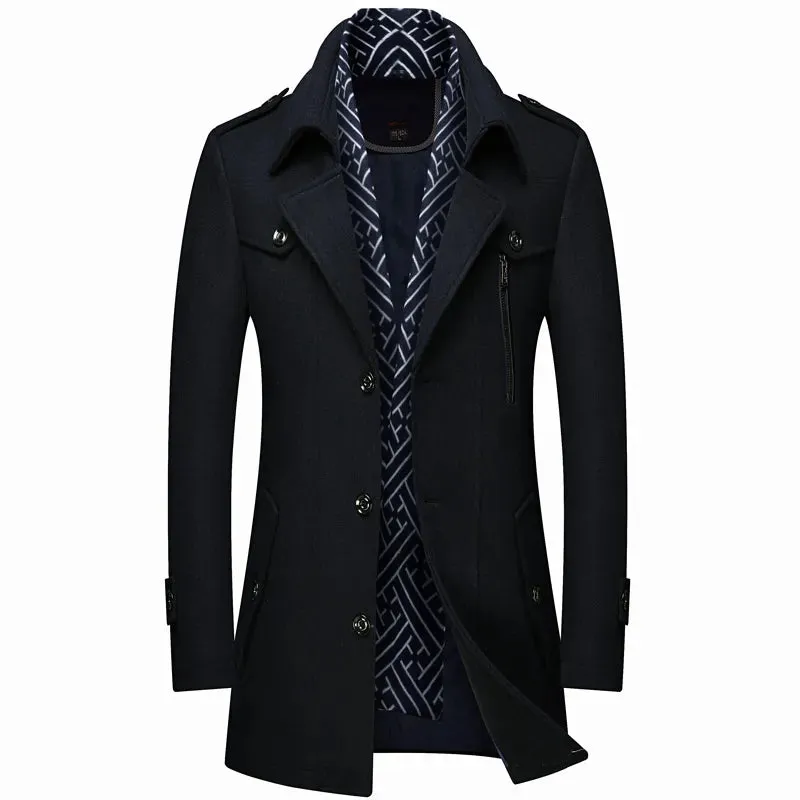 Men's Woolen Coats Fashion Thicken Mid Length Winter Trench Jacket