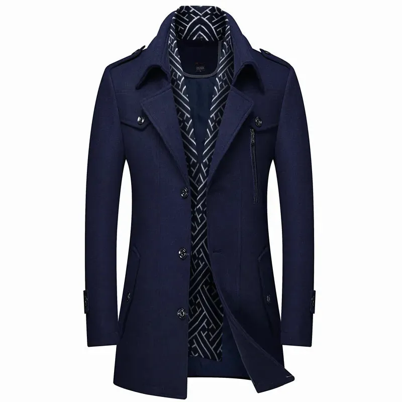Men's Woolen Coats Fashion Thicken Mid Length Winter Trench Jacket