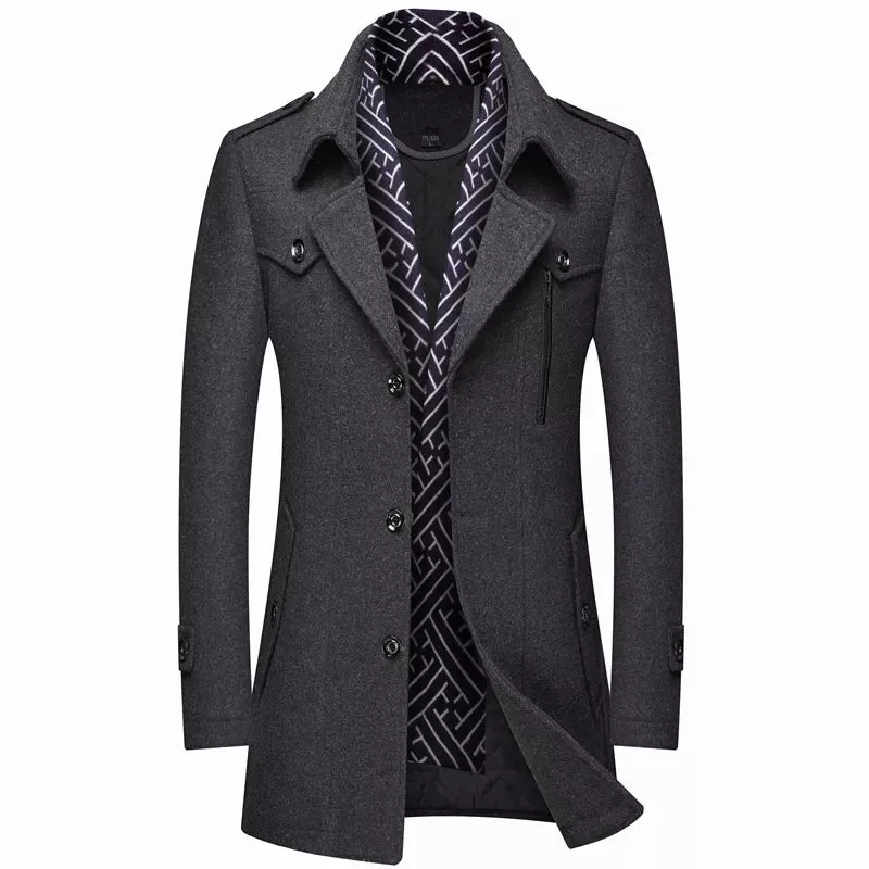 Men's Woolen Coats Fashion Thicken Mid Length Winter Trench Jacket