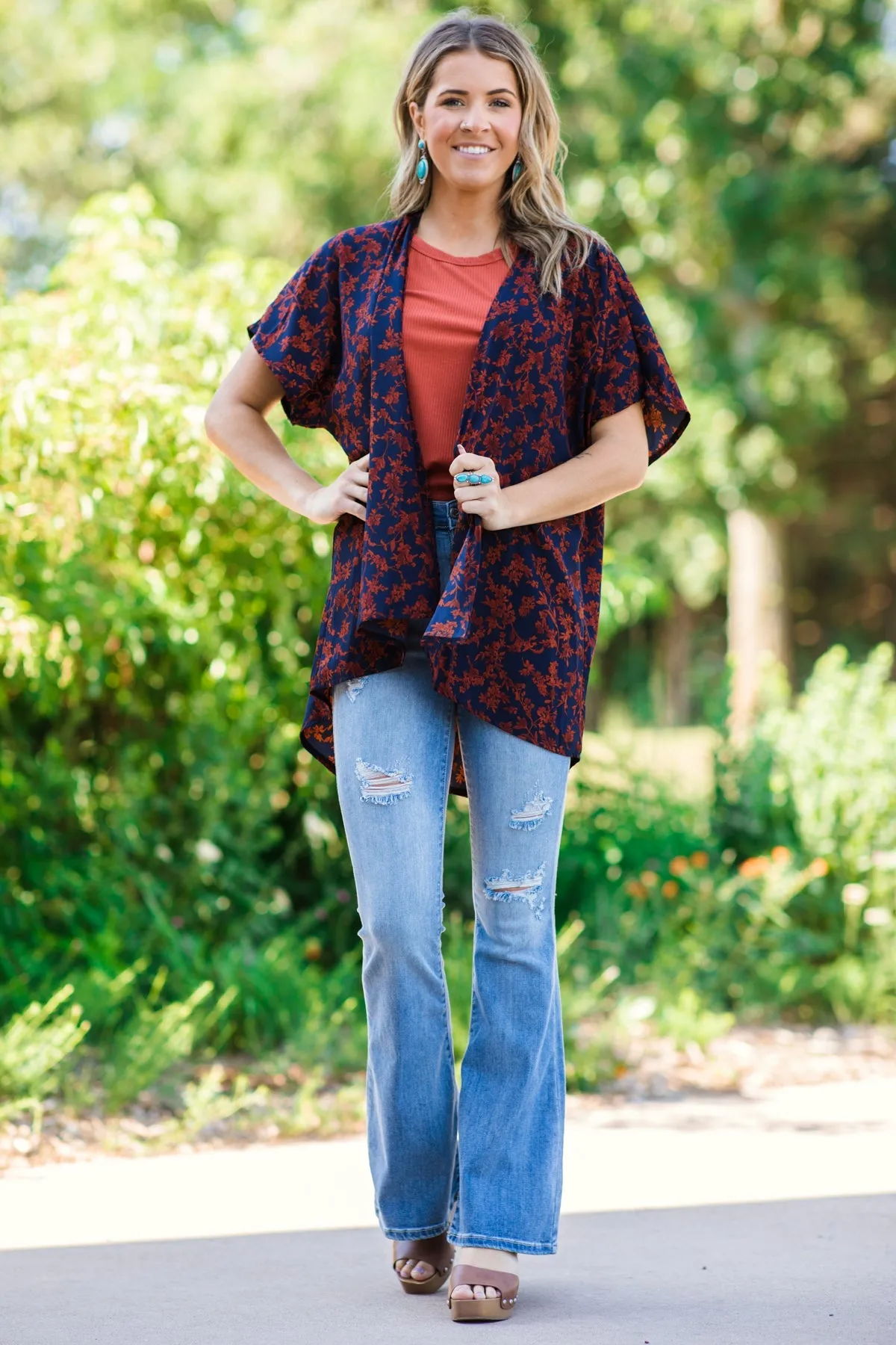 Navy and Rust Multicolor Paisley Print Kimono