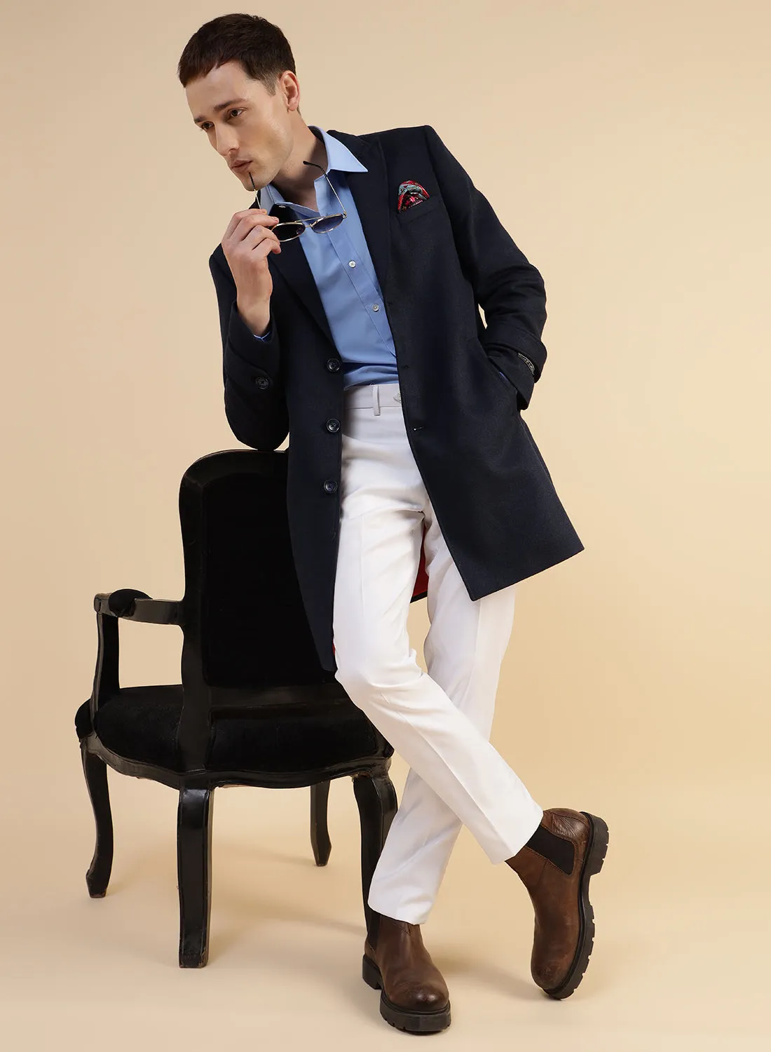 Navy Blue Tweed Long Coat