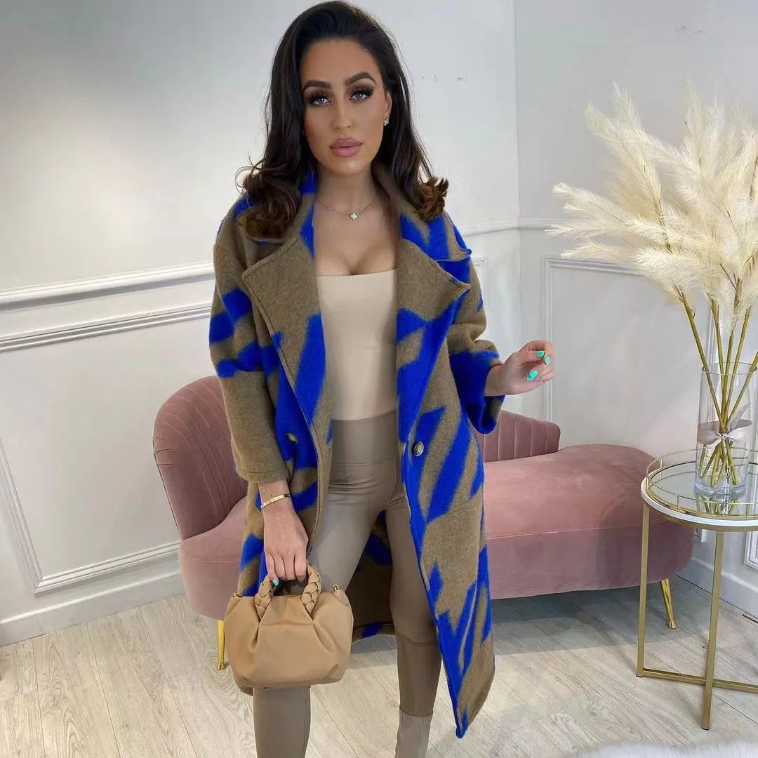 new autumn New women's clothing, a variety of color matching fashion long-sleeved lapel jackets, printed woolen coats
