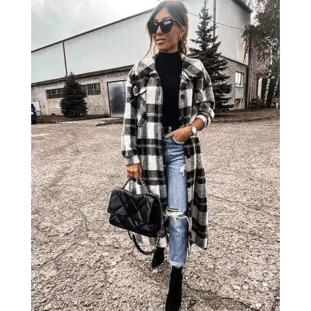 New Trendy Women's Coat Autumn Winter Long Sleeve Red Plaid Jacket Women Lapel Single Breasted Cardigan Coat Turndown Collar Women Coat