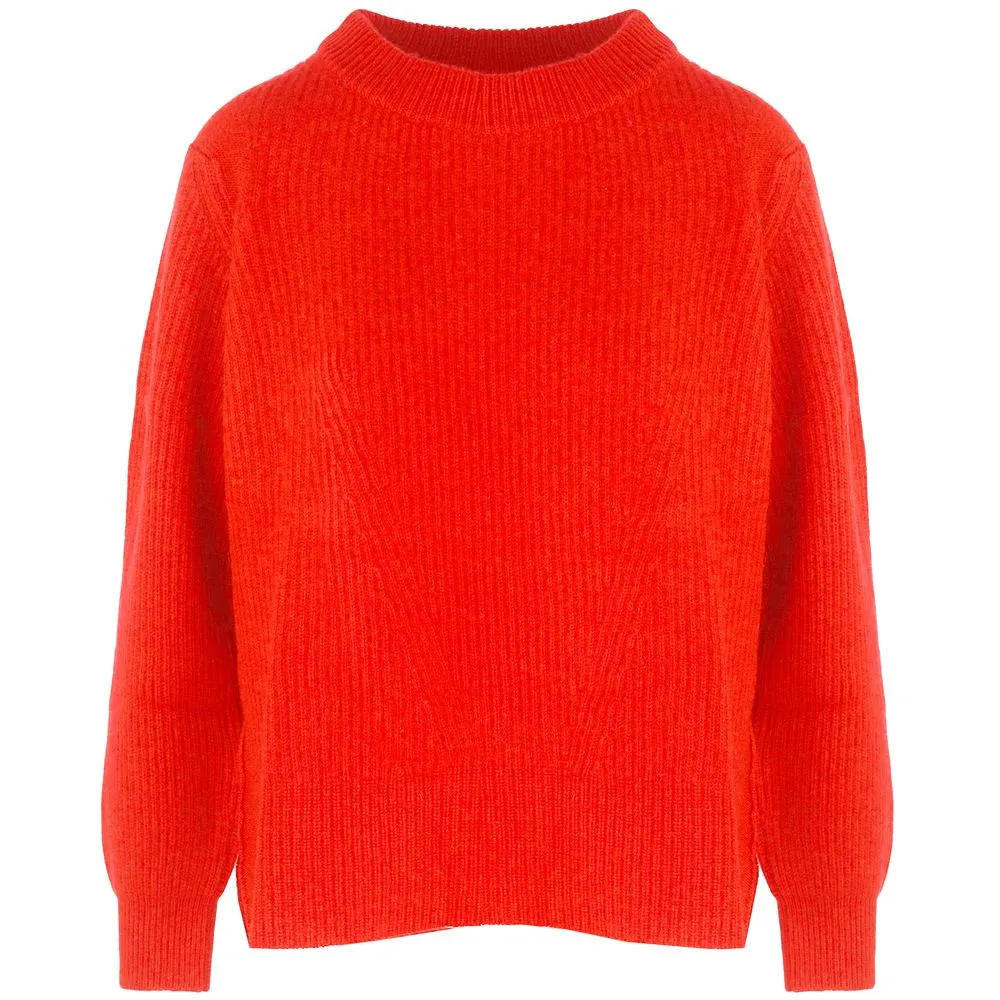 Orange Cashmere Women Sweater with Crew Neck and Side Slit