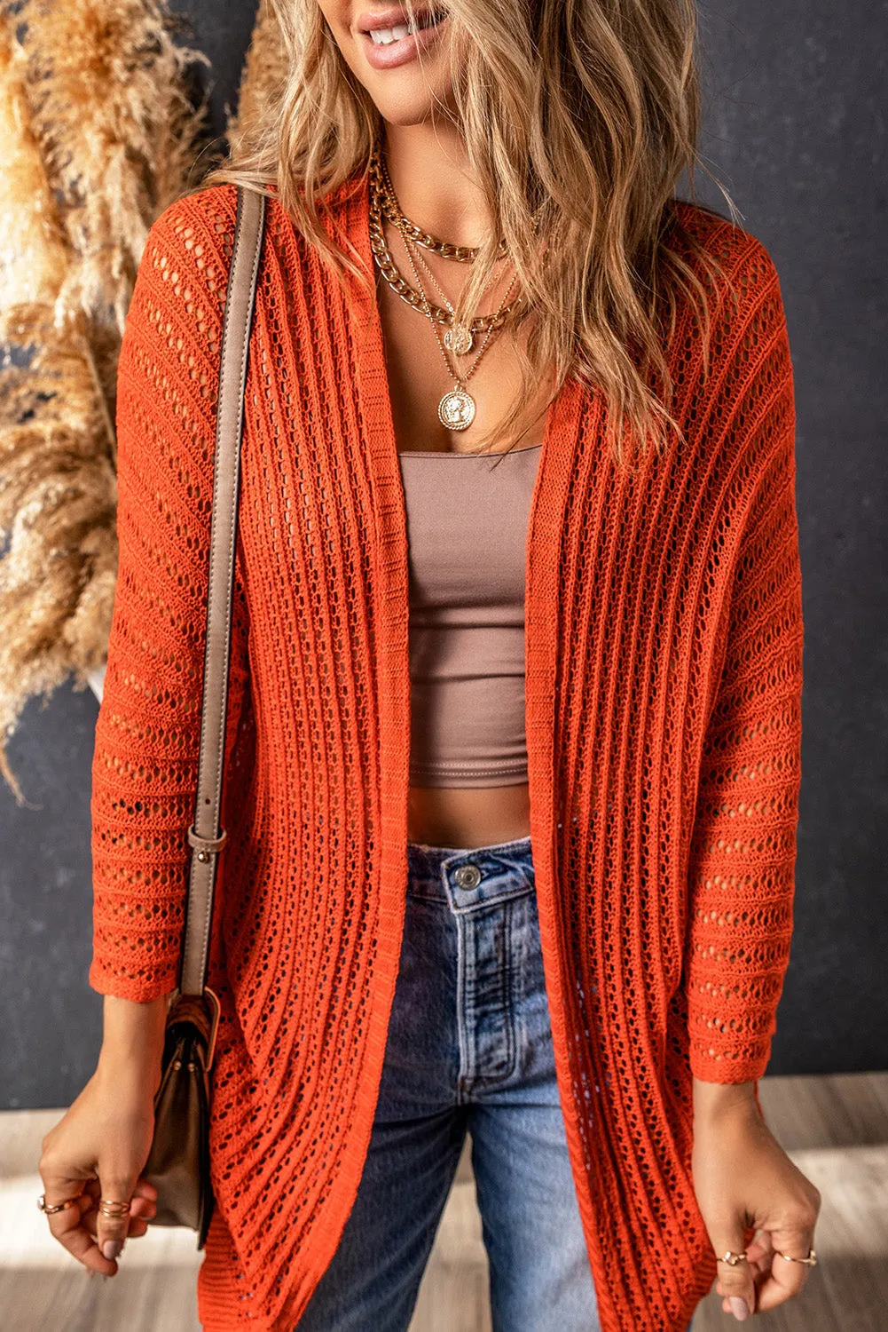 Orange White Hollow-out Knit Kimono Lightweight Cardigan