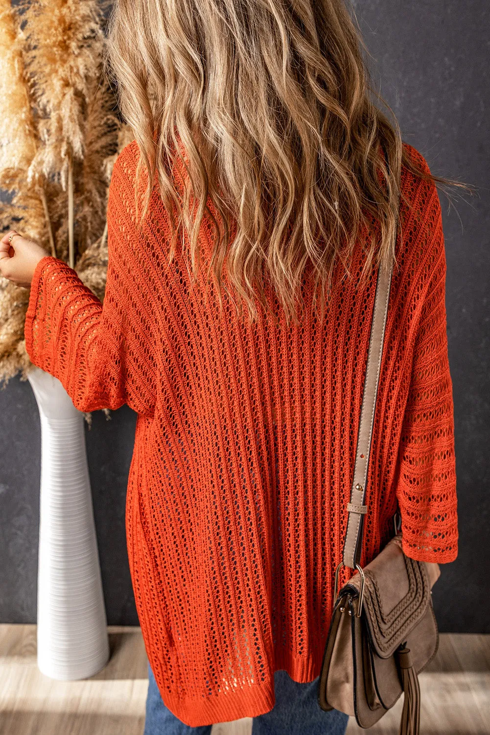 Orange White Hollow-out Knit Kimono Lightweight Cardigan