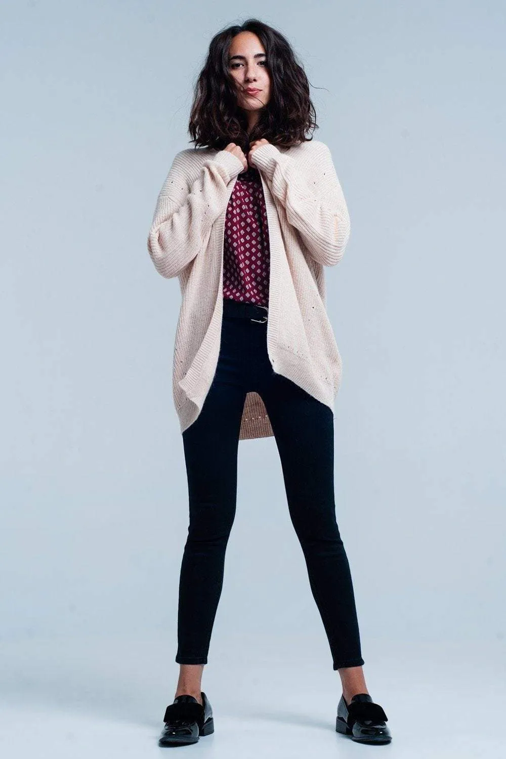 Pink angora cardigan with long sleeves