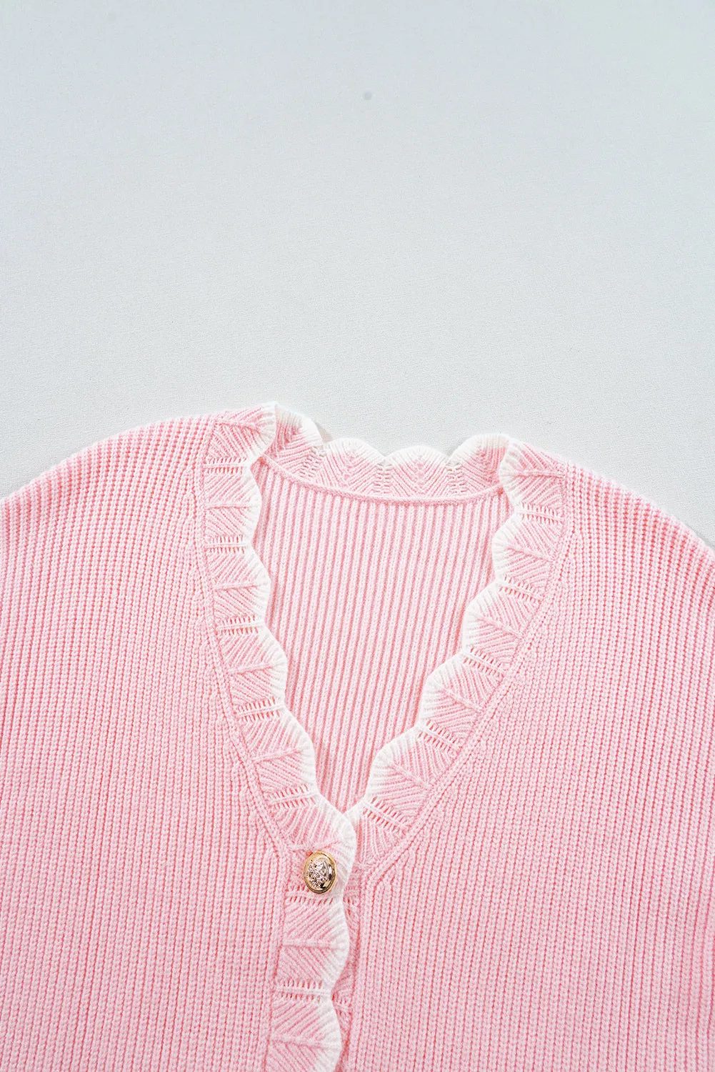 Pink Ribbed Knit Scalloped Edge Side Pockets Buttoned Cardigan