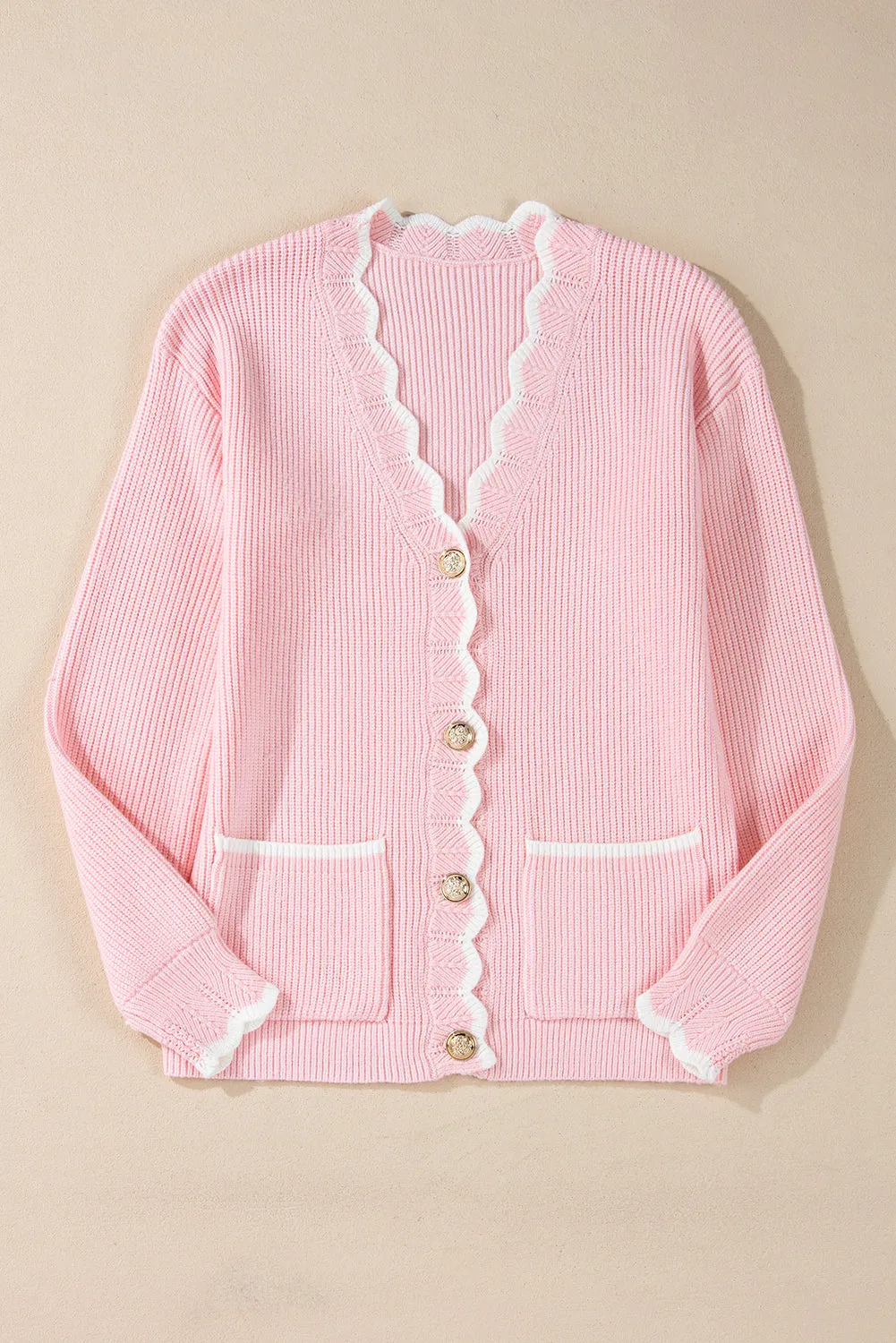 Pink Ribbed Knit Scalloped Edge Side Pockets Buttoned Cardigan