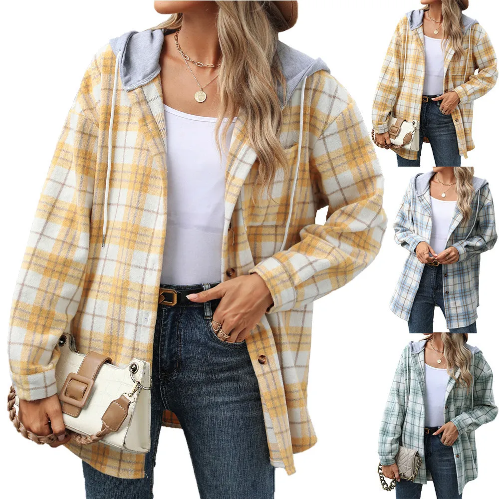 Plaid Contrast Color Hooded Long-Sleeved Loose Woolen Coats Wholesale Womens Clothing N3824082900035