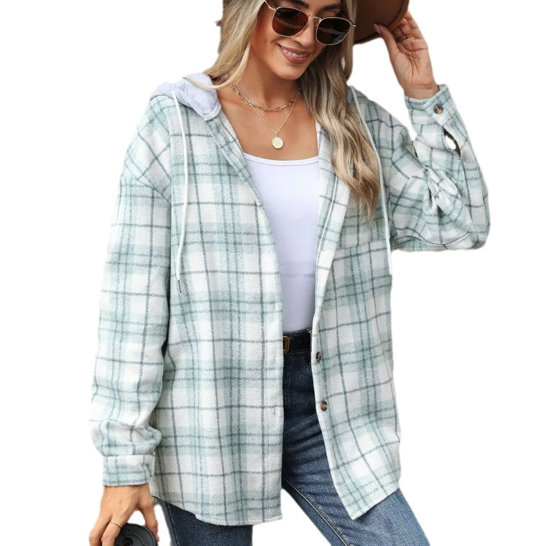 Plaid Contrast Color Hooded Long-Sleeved Loose Woolen Coats Wholesale Womens Clothing N3824082900035