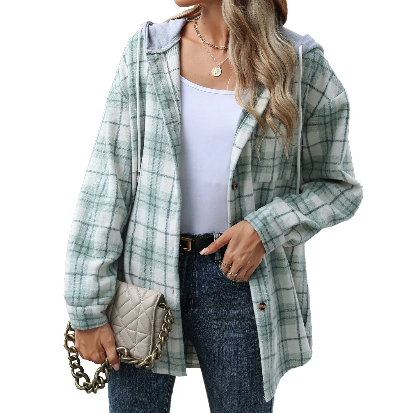 Plaid Contrast Color Hooded Long-Sleeved Loose Woolen Coats Wholesale Womens Clothing N3824082900035