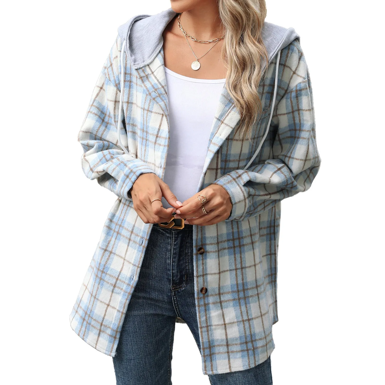 Plaid Contrast Color Hooded Long-Sleeved Loose Woolen Coats Wholesale Womens Clothing N3824082900035
