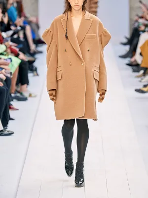 Pure Color Woolen Casual Puff Sleeve Ladies Long Coat