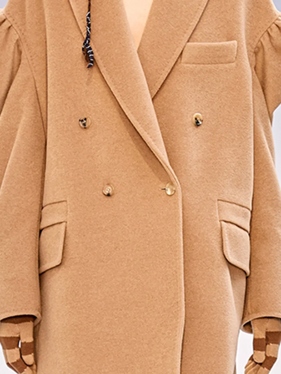 Pure Color Woolen Casual Puff Sleeve Ladies Long Coat