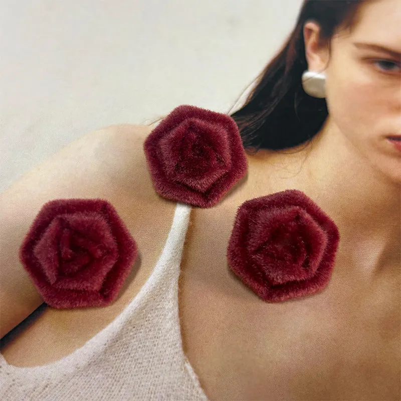Red Hexagonal Rose Flocked Metal Shank Buttons for Cashmere Coats Woolen Jackets 20pcs
