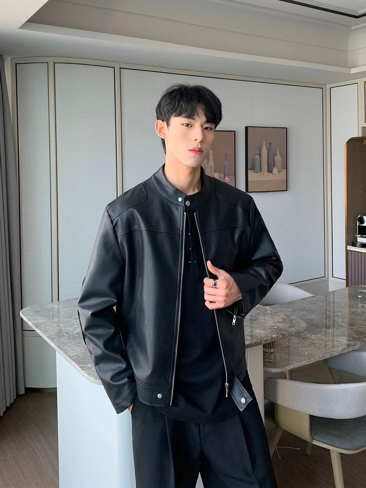 Retro Stand Collar Leather Jacket