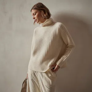 Ribbed Cashmere Funnel Neck - Ivory