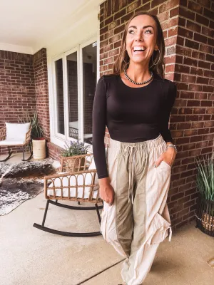 Round Neck Long Sleeve Woven Top