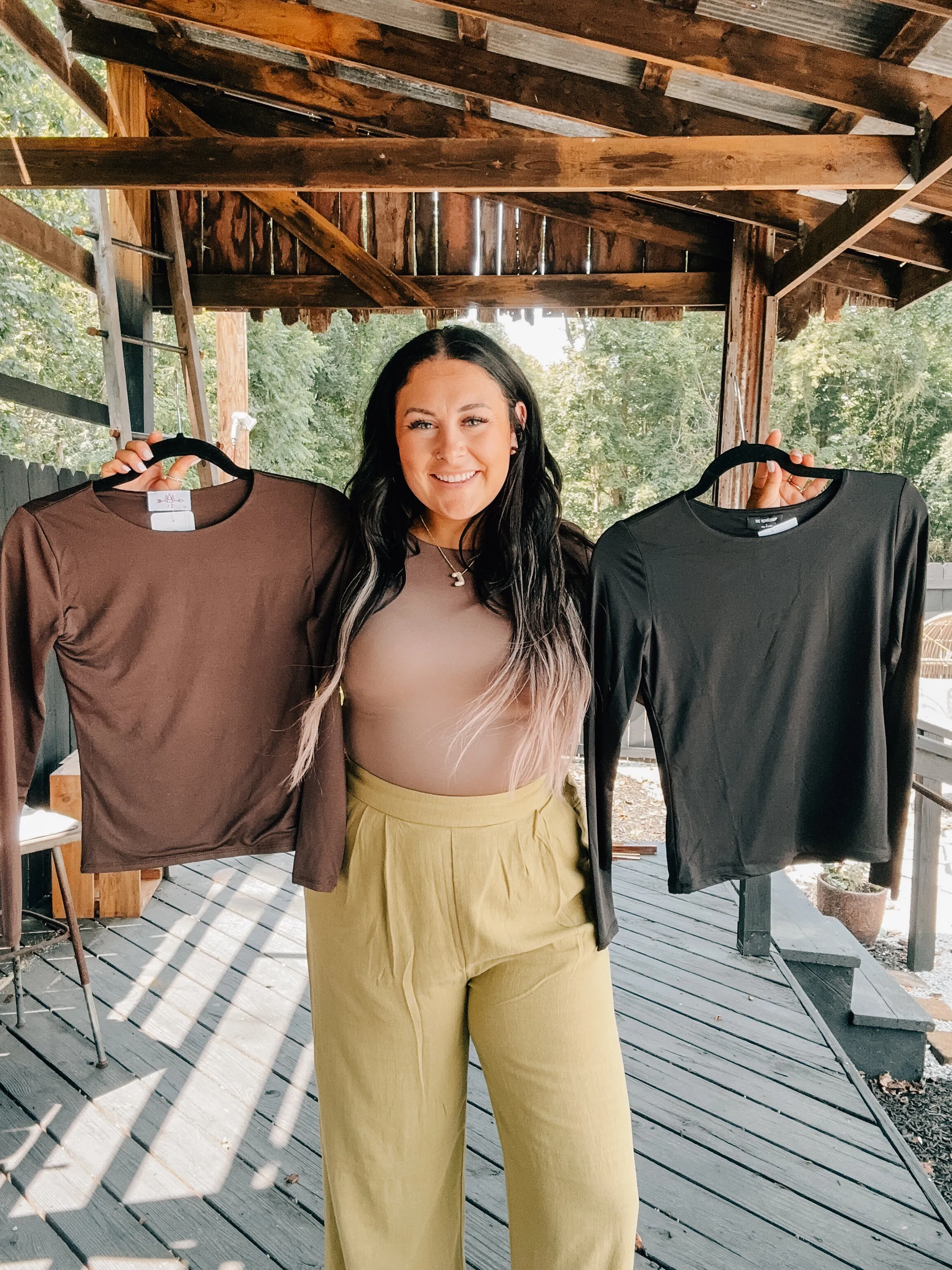 Round Neck Long Sleeve Woven Top