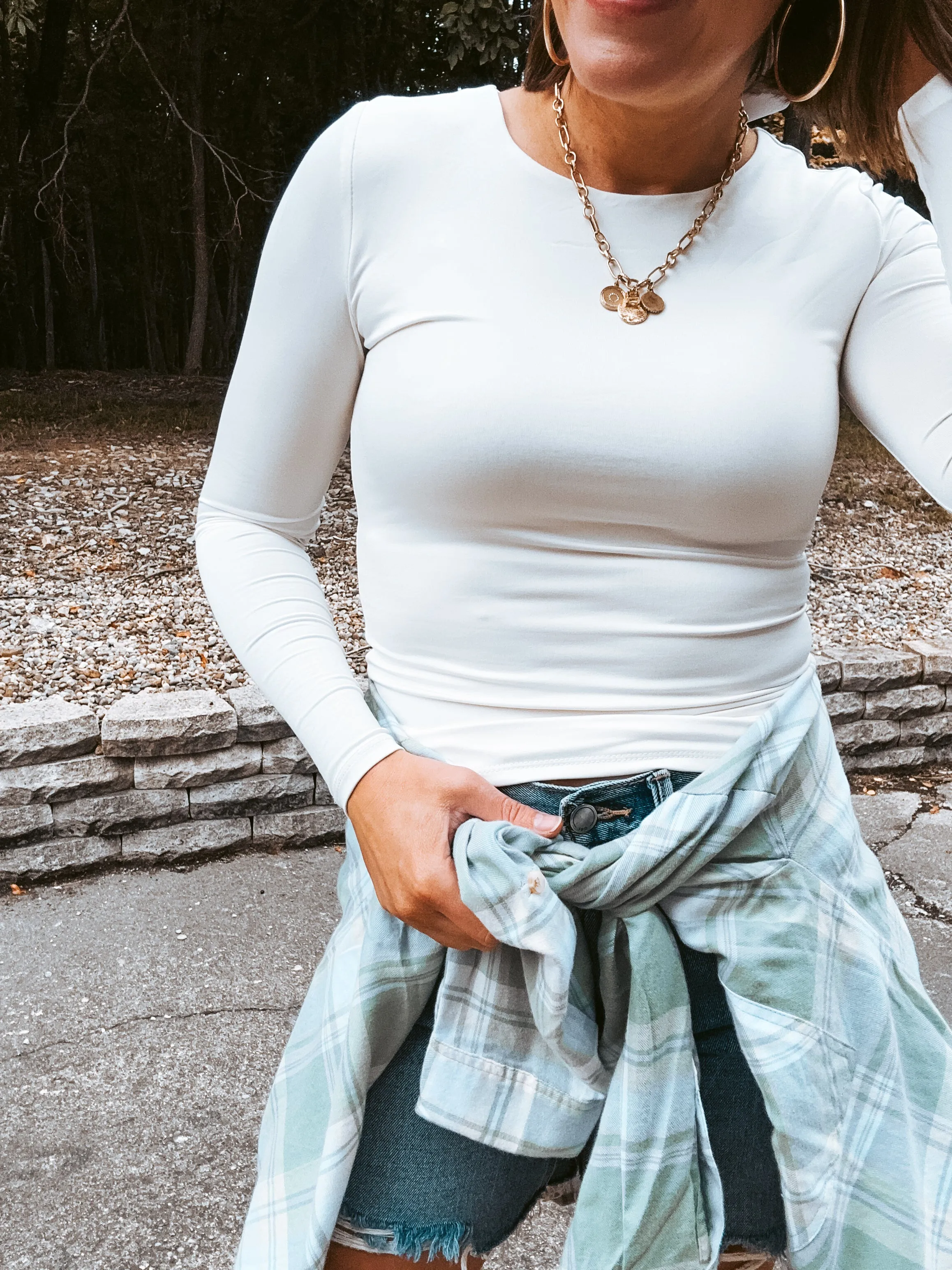 Round Neck Long Sleeve Woven Top