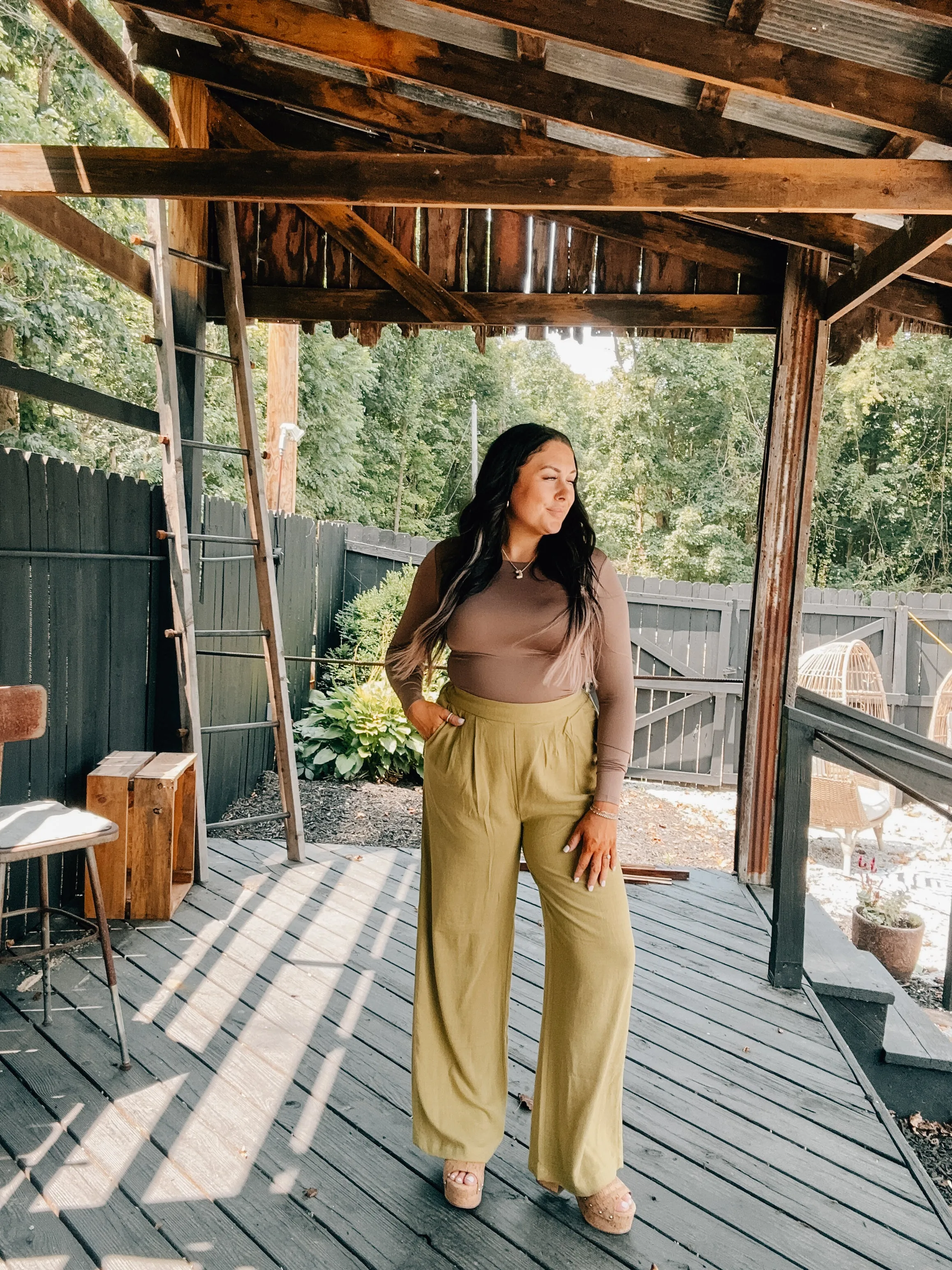 Round Neck Long Sleeve Woven Top