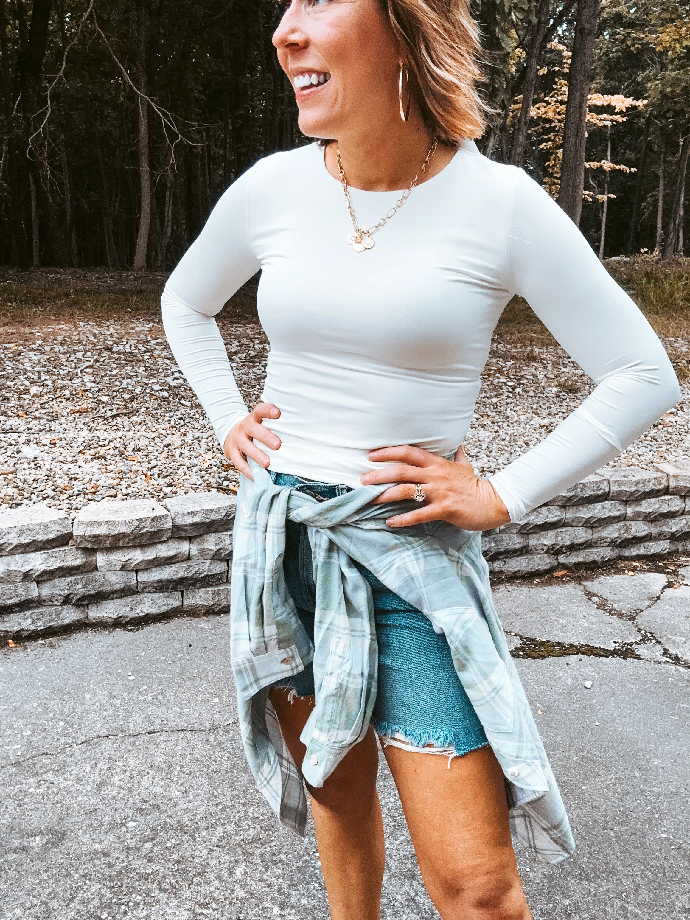 Round Neck Long Sleeve Woven Top