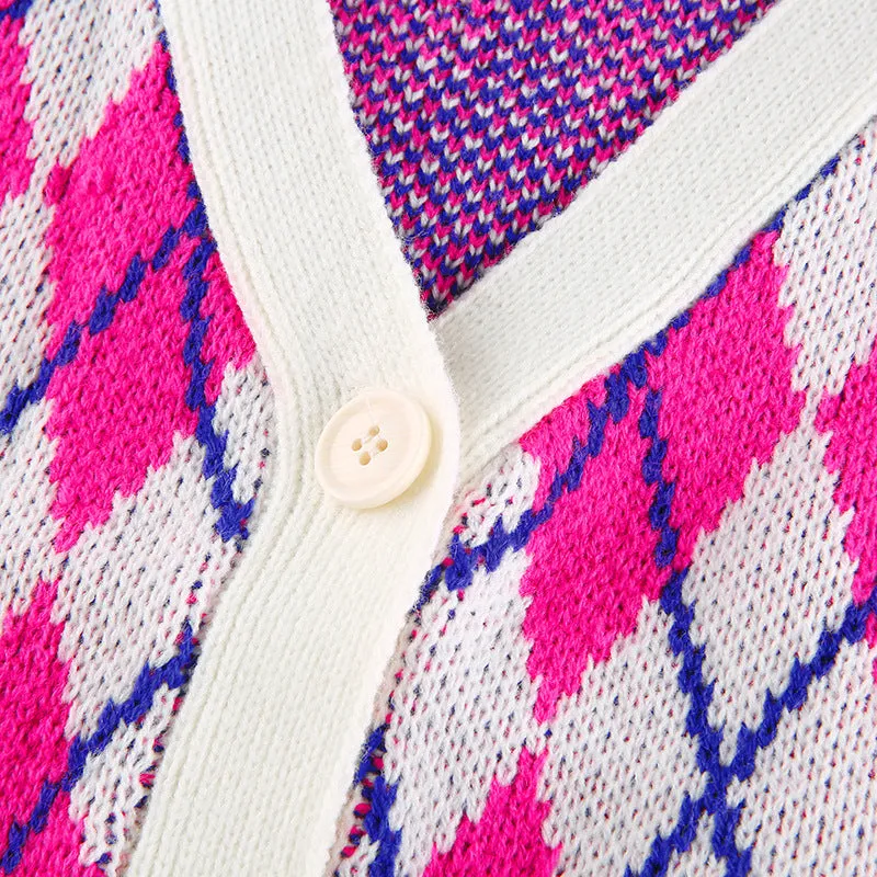 Single-breasted Crop Diamond Lattice Knitting Cardigan