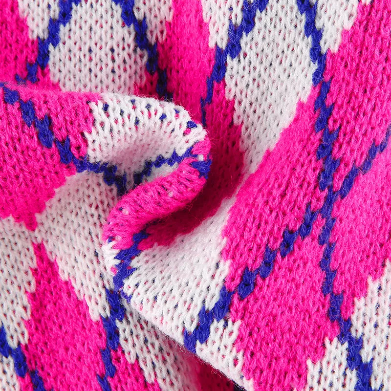 Single-breasted Crop Diamond Lattice Knitting Cardigan