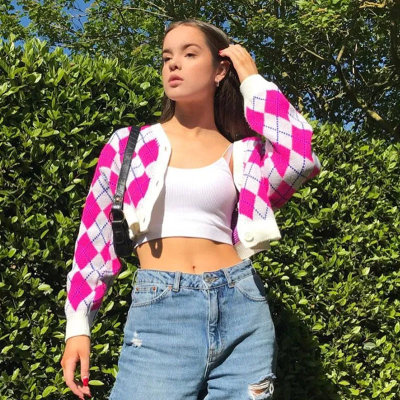 Single-breasted Crop Diamond Lattice Knitting Cardigan