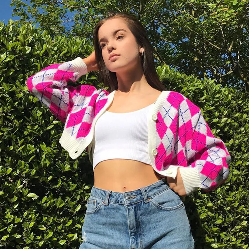 Single-breasted Crop Diamond Lattice Knitting Cardigan