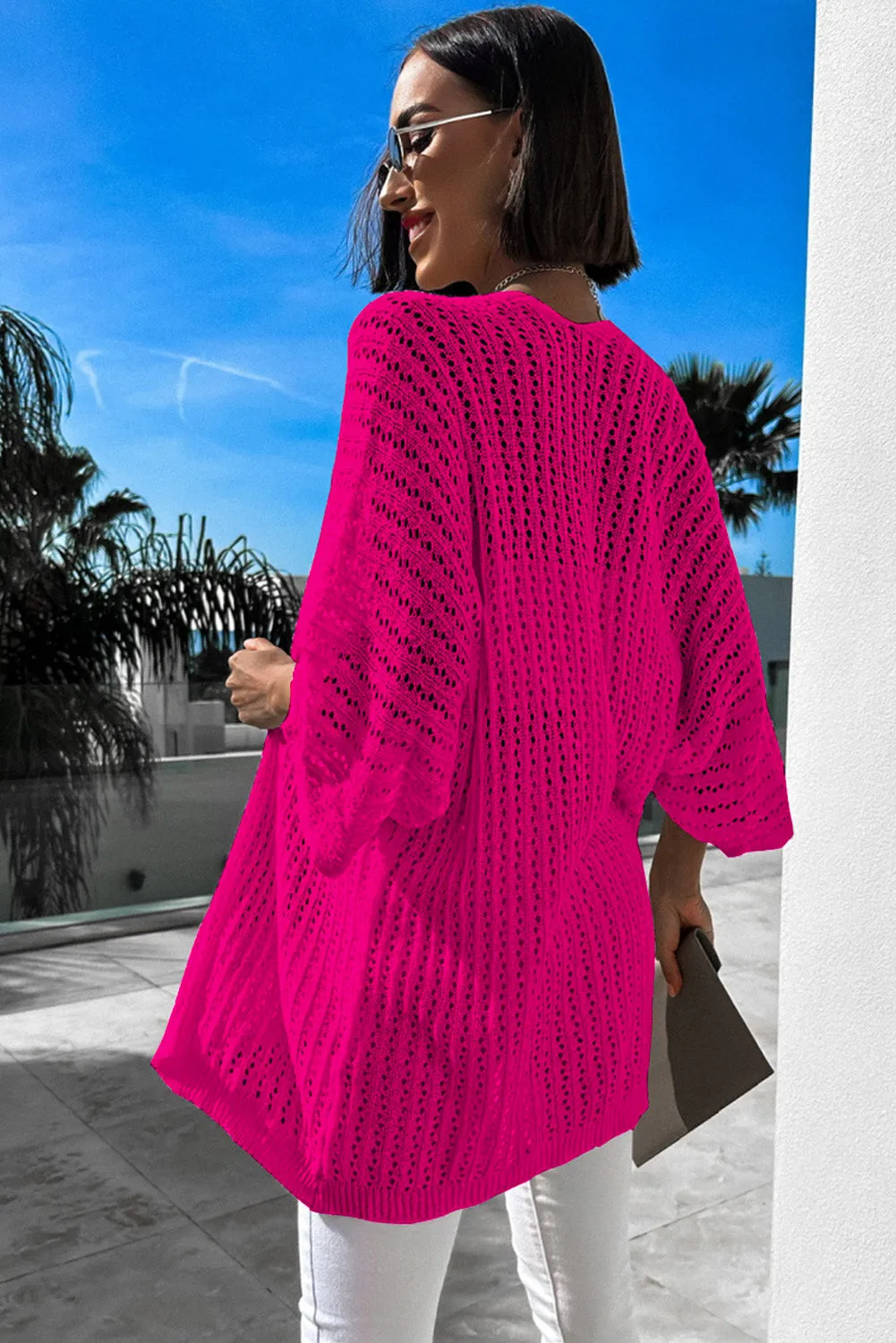 Sky Blue Hollow-out Knit Kimono Lightweight Cardigan