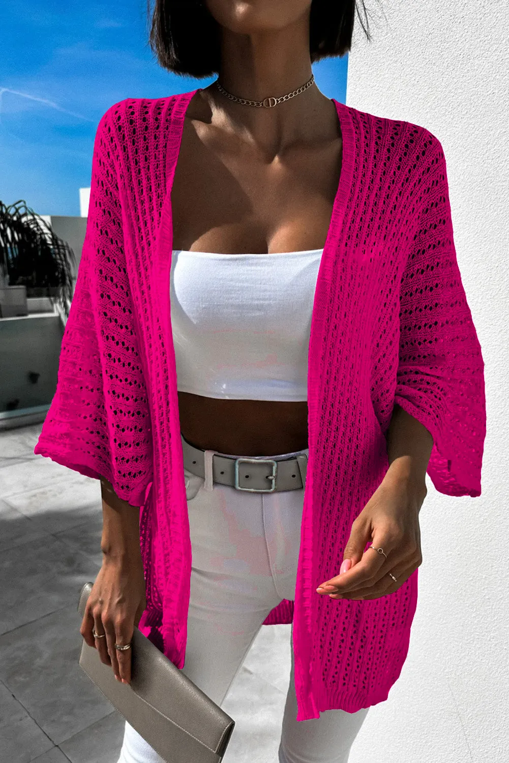 Sky Blue Hollow-out Knit Kimono Lightweight Cardigan
