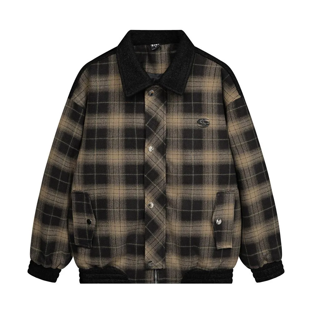 Stitching Contrast Collar Striped Plaid Woolen Jacket European And American Fashion Men's Spring And Autumn Retro Loose Plaid Jacket