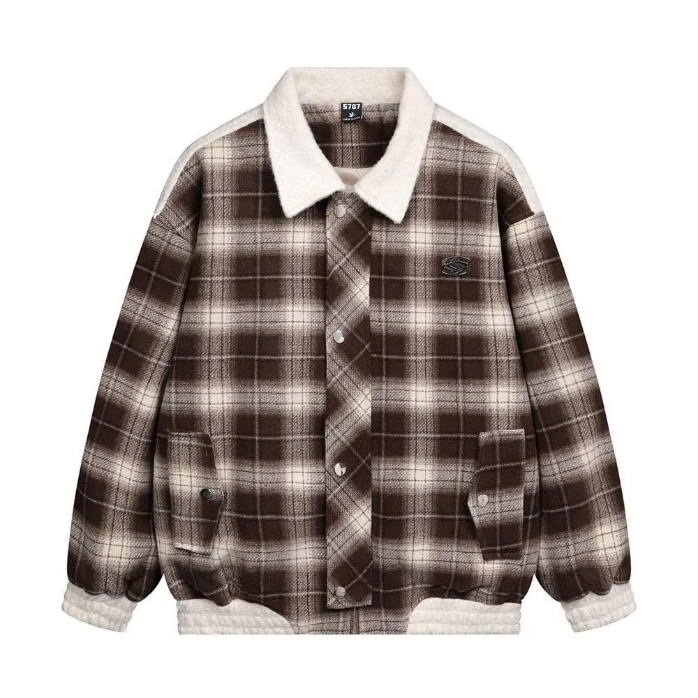 Stitching Contrast Collar Striped Plaid Woolen Jacket European And American Fashion Men's Spring And Autumn Retro Loose Plaid Jacket