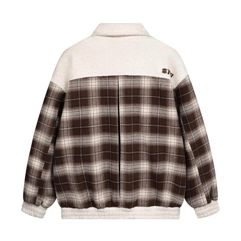 Stitching Contrast Collar Striped Plaid Woolen Jacket European And American Fashion Men's Spring And Autumn Retro Loose Plaid Jacket