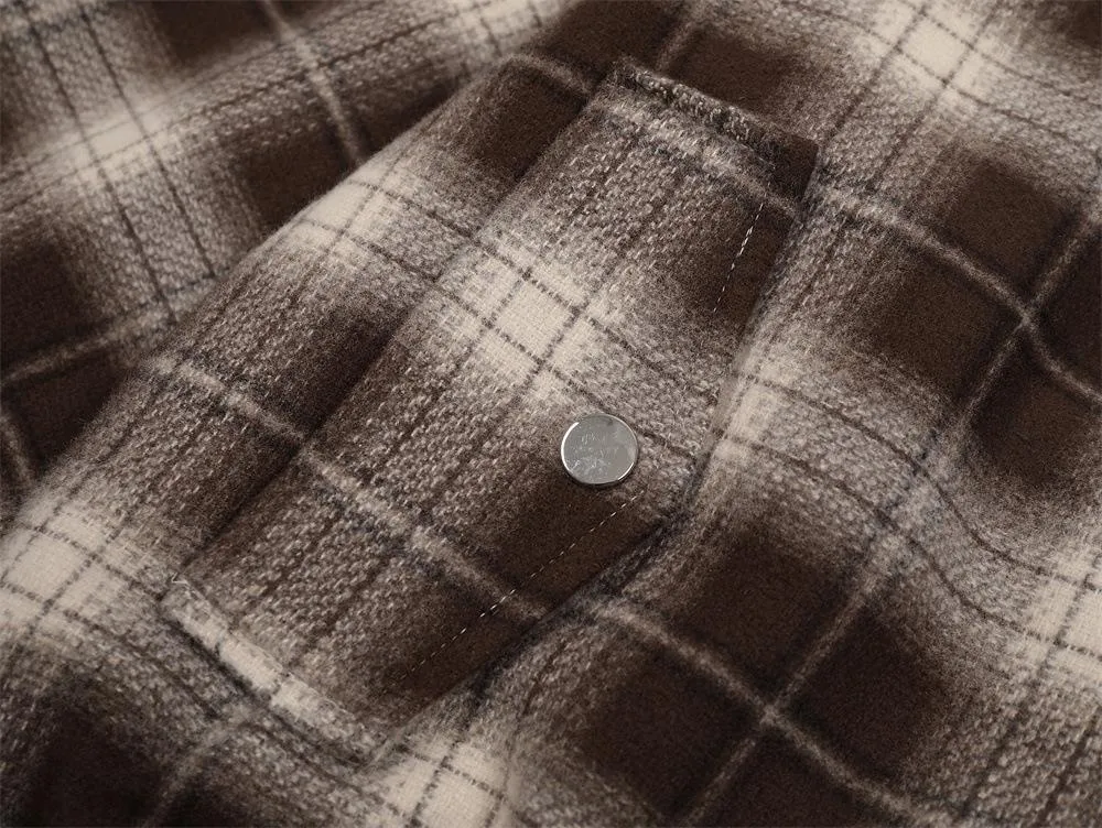 Stitching Contrast Collar Striped Plaid Woolen Jacket European And American Fashion Men's Spring And Autumn Retro Loose Plaid Jacket