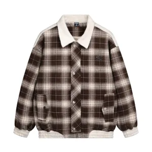 Stitching Contrast Collar Striped Plaid Woolen Jacket European And American Fashion Men's Spring And Autumn Retro Loose Plaid Jacket