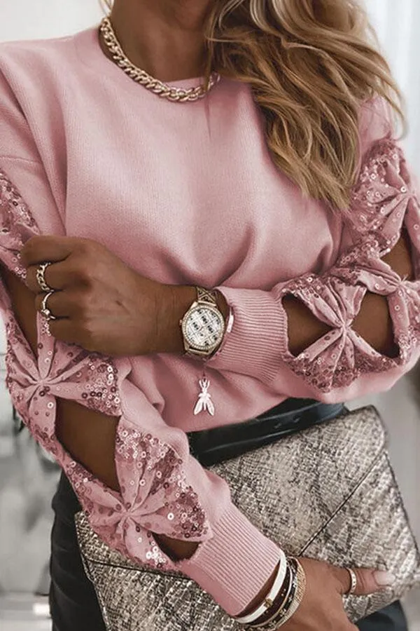 Striking Patchwork Sequins Round Neck Sweater