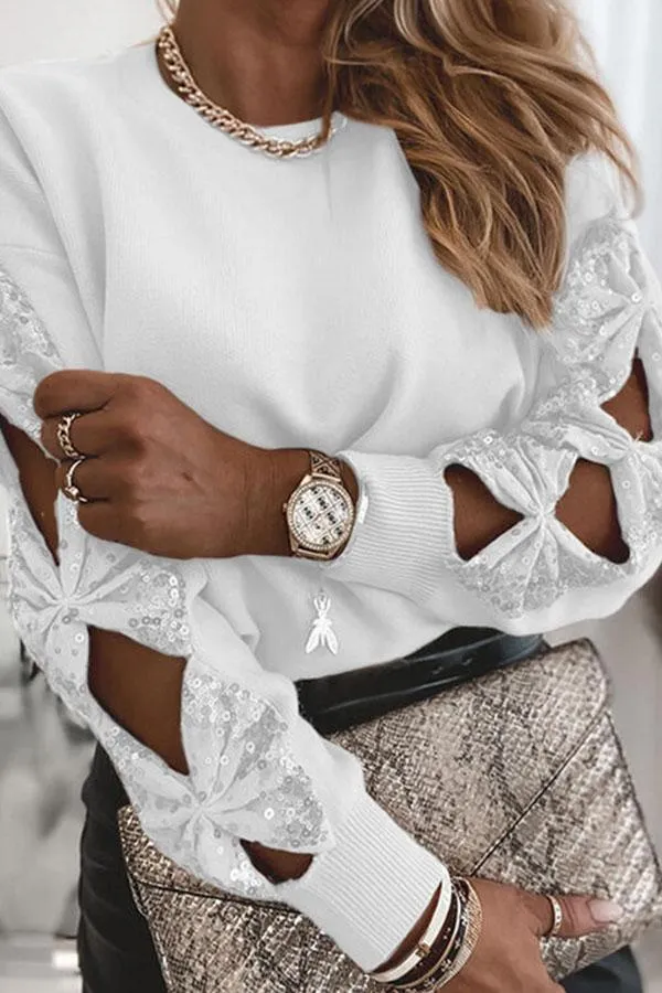 Striking Patchwork Sequins Round Neck Sweater